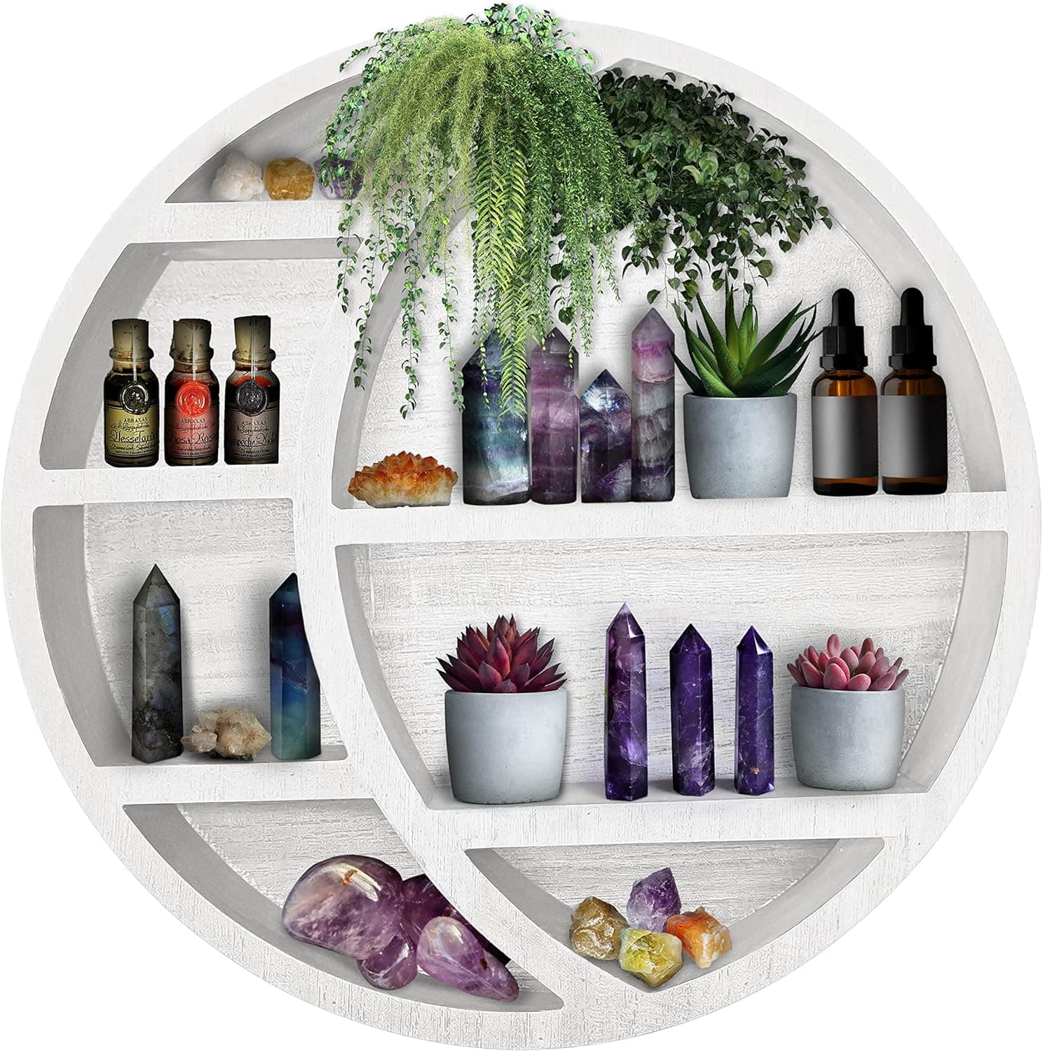 Wooden Crescent Moon Shelf Wall Decor - Decorative Boho Home Hanging Display Shelf for Bedroom, Dorm, Nursery - Easy Mount Storage for Crystals and Essential Oils - 14 x 14 x 3.5 (White)