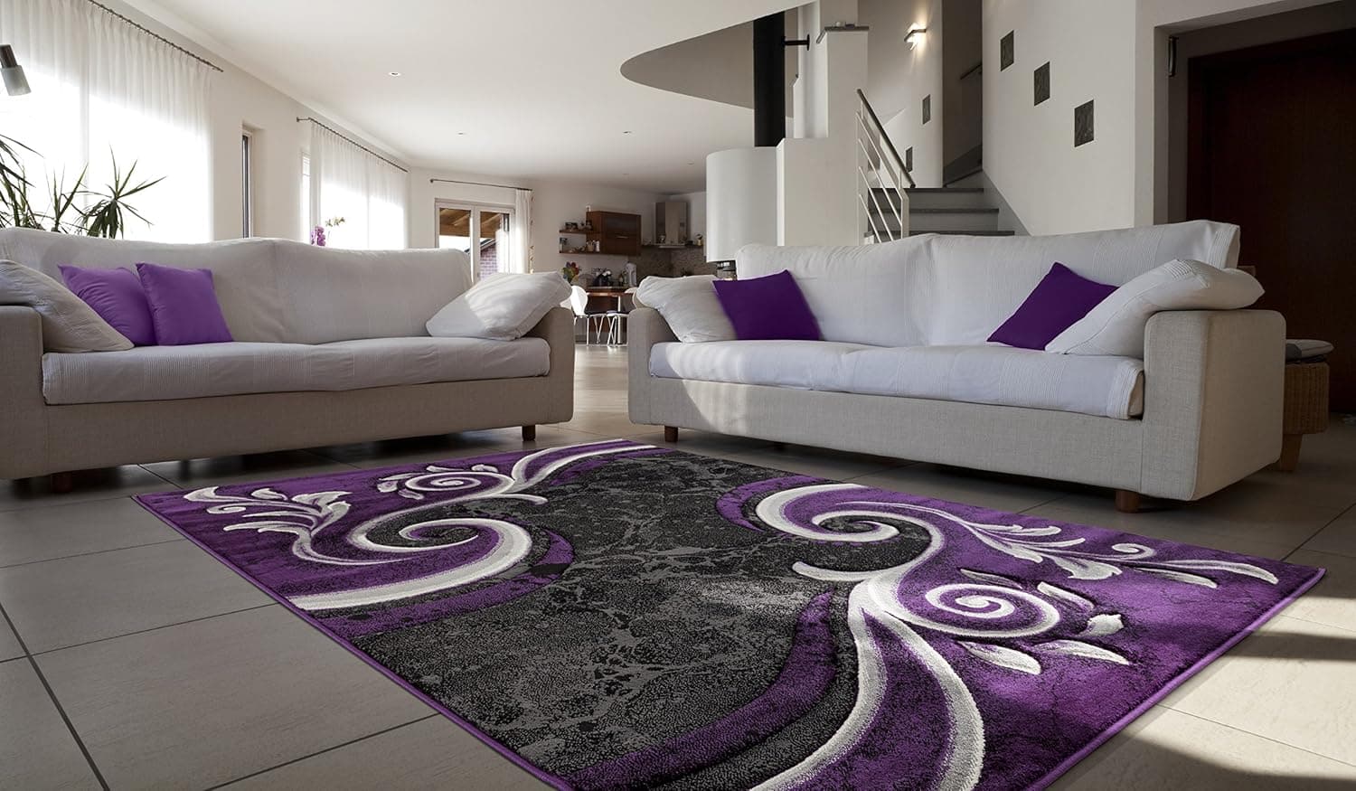 Contemporary Carved Modern Swirl with Floral Design Area Rug Legacy Collection (5' x 7', Purple/Black)