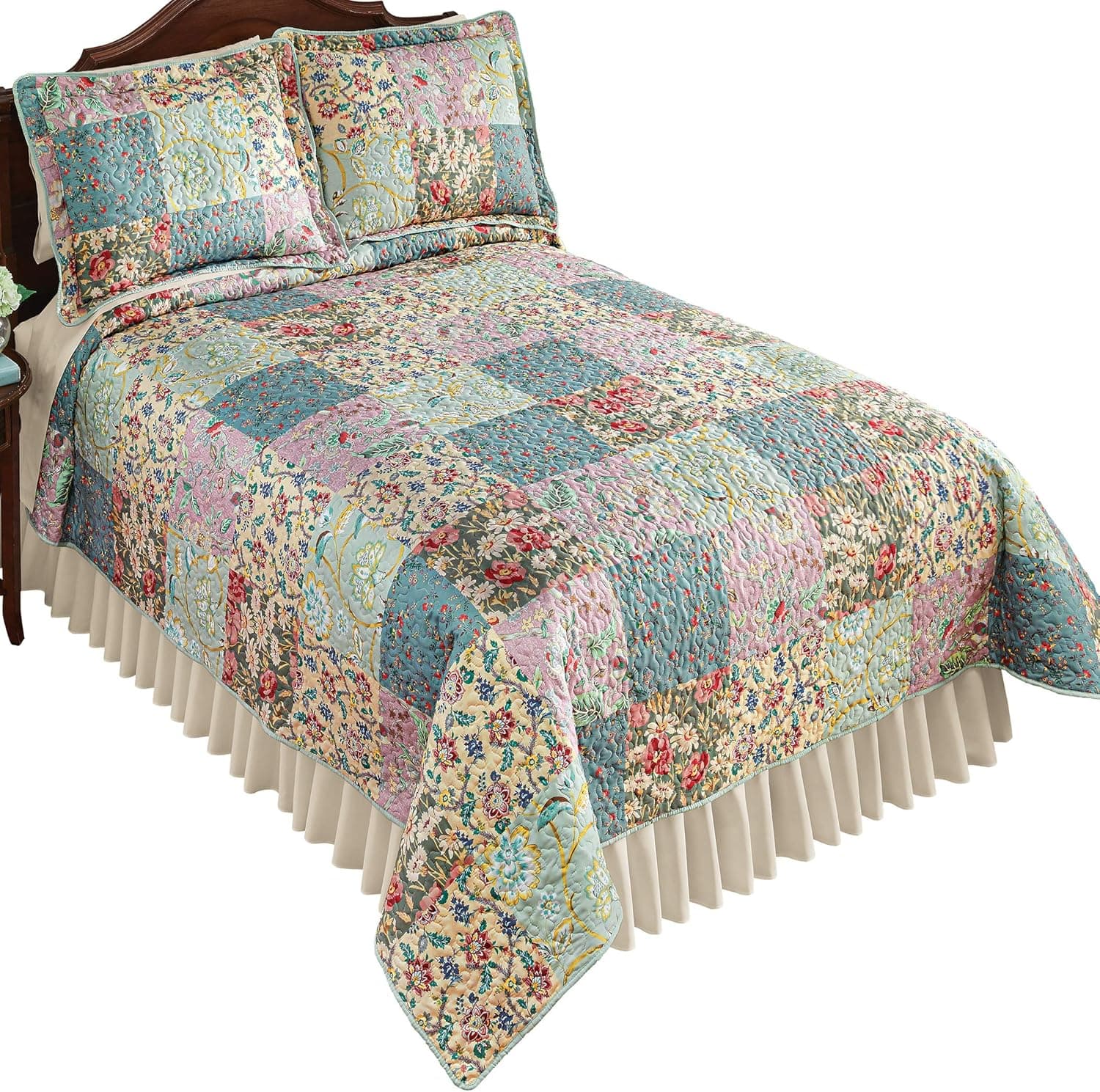 Collections Etc Multicolor Floral Print Patchwork Style Quilt | Colorful Bedroom Charm | Soft Paste Hues, Pretty Floral Patterns | Pink, Sage, Blue Colors, Reversible | Machine Washable | Twin,