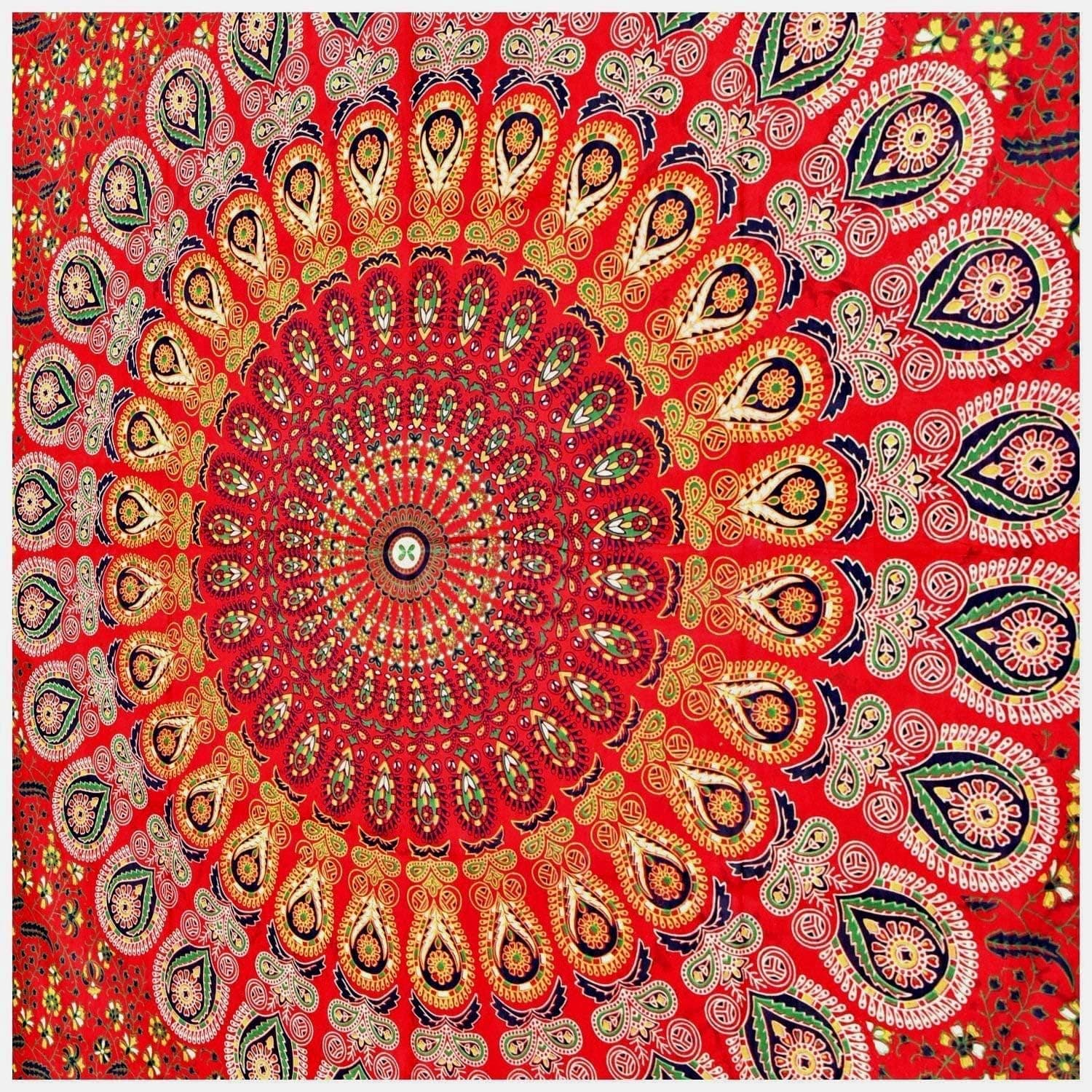 THRIVING Indian Mandala Psychedelic Peacock Boho Tapestry for Bedroom Cotton Tapestry Hippie Hippy Wall Hanging Bohemian Room Dorm Decor Bedspread Picnic Sheet Yoga Mat Table Cover Beach Throws