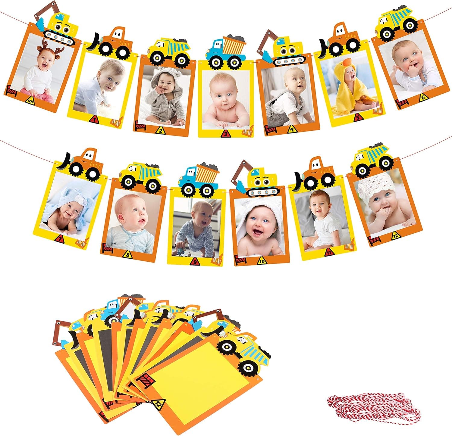 MALLMALL6 Construction Theme 12 Months Photo Banner Dump Trucks Baby Monthly Milestone Photos Banner Engineering Vehicle Car Excavator 1st Birthday Decoration Party Supplies for 1 or 12 Years Old Kids