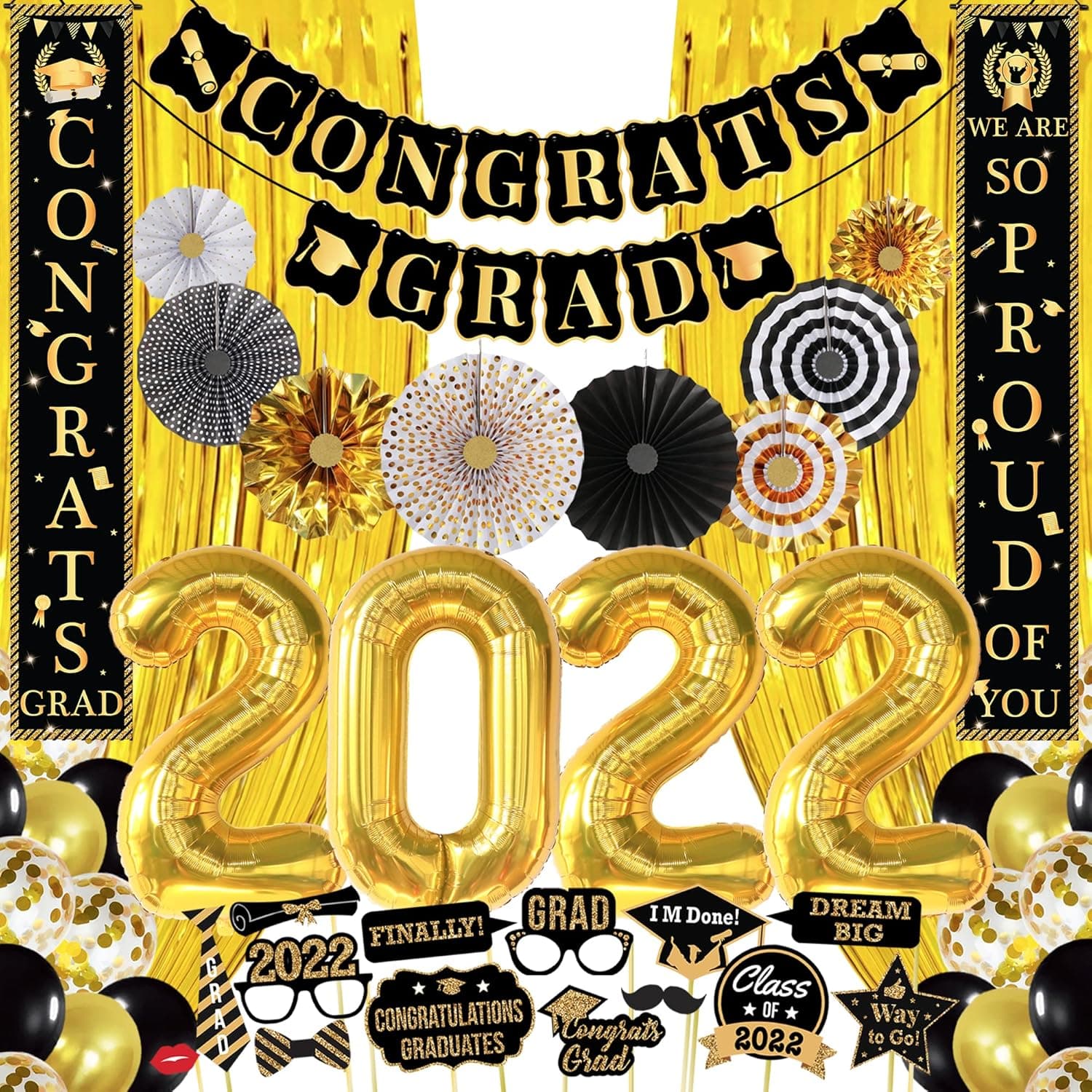 Huge Graduation Party Decorations 2022 - Pack of 63 | We Are So Proud Of You Banner with Graduation Photo Booth Props 2022 | Gold Foil Fringe and Paper Fans, Black and Gold Graduation Decorations 2022