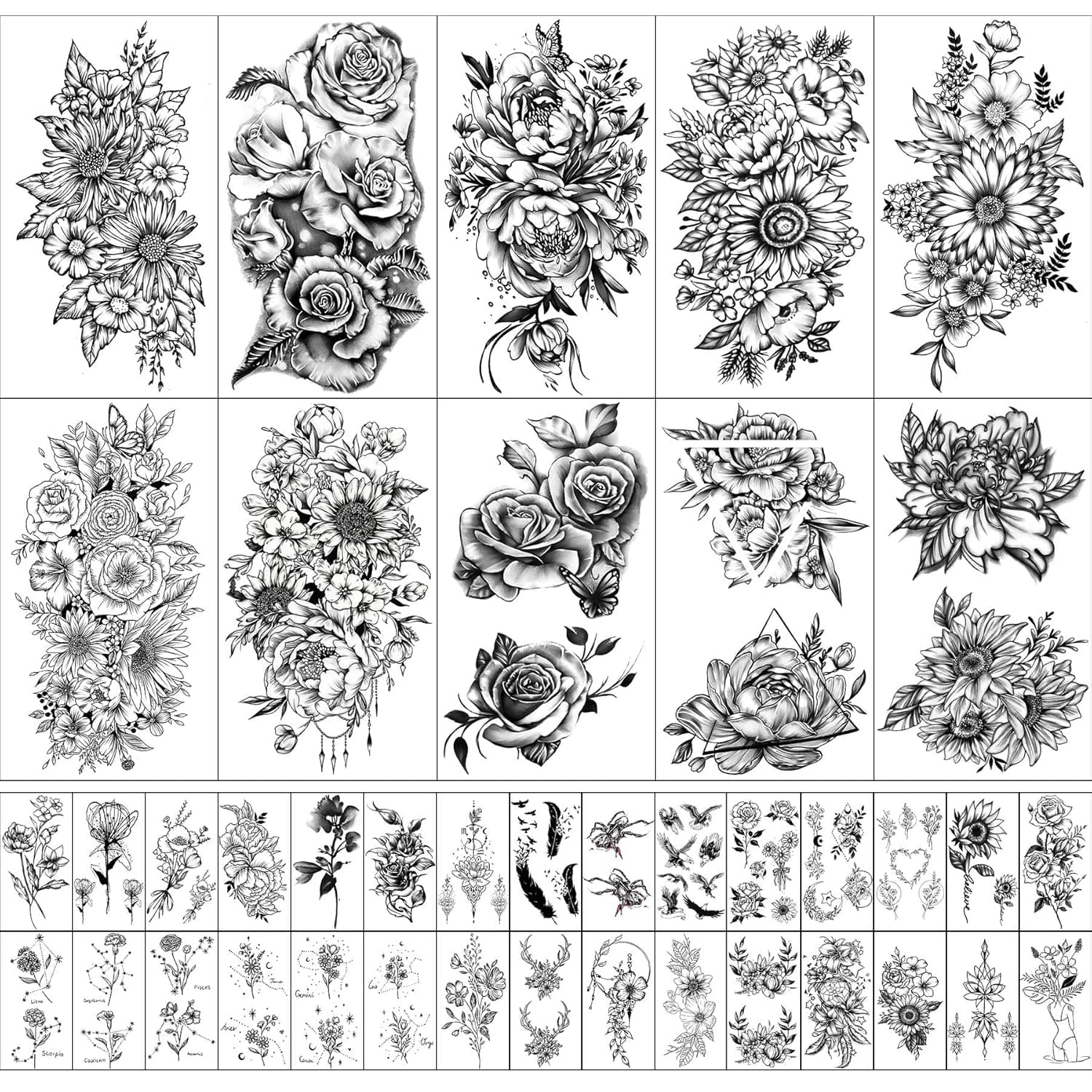 Yazhiji 40 sheets Waterproof Temporary Tattoos Large Flowers Butterfly Collection Temporary Fake Tattoos for Women and Girls Body Art Decoration