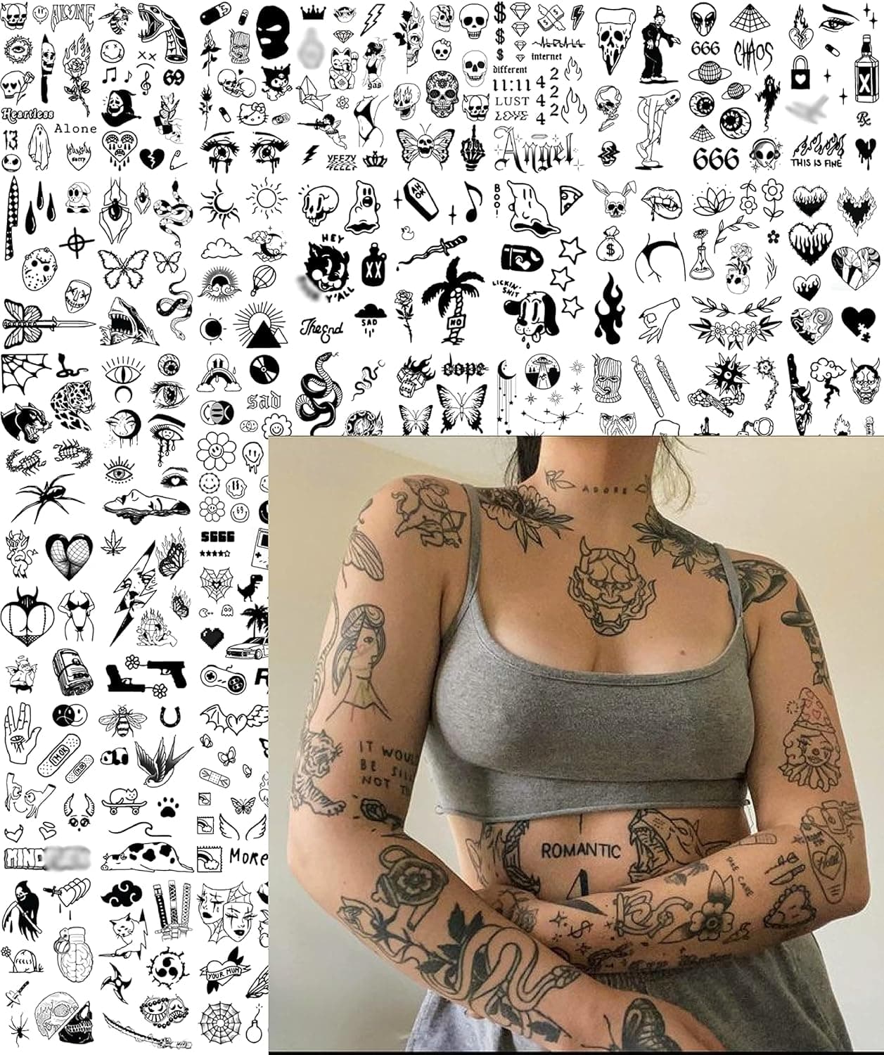 Impressed 48 Sheets Custom Unisex Vintage Patchwork Temporary Tattoos - Small Semi Permanent Minimalist Line Art Black Fake Tattoo for Women and Men - Tiny Adult Hand, Sleeve, Finger and Neck Tat for Teens - Gothic Aesthetics Design Ink Set, Skull, Skeleton, Moon and Sun, Devil, Butterfly, Snake