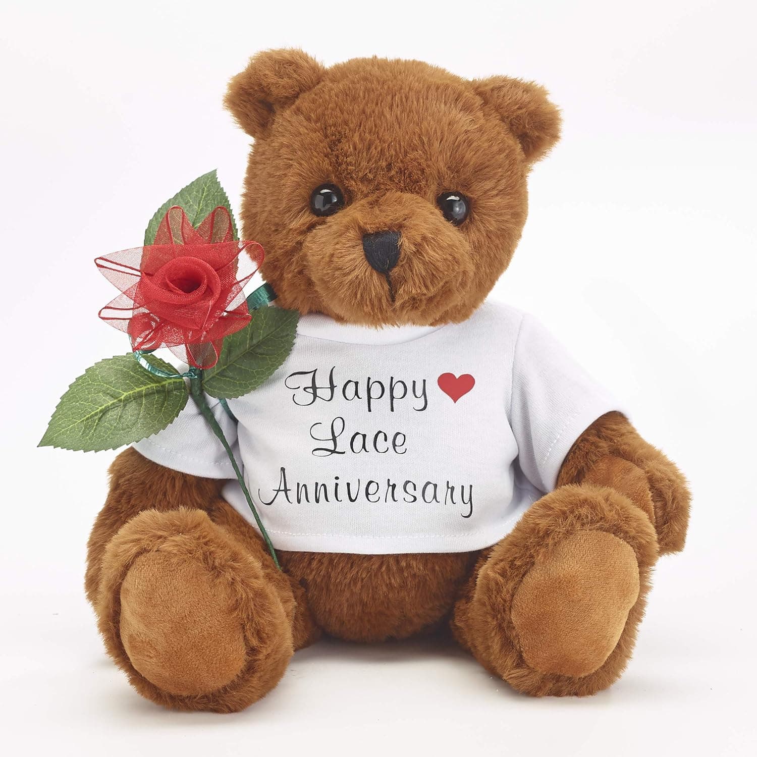 JustPaperRoses 13th Wedding Anniversary 10 inch Teddy Bear with Lace Rose Flower