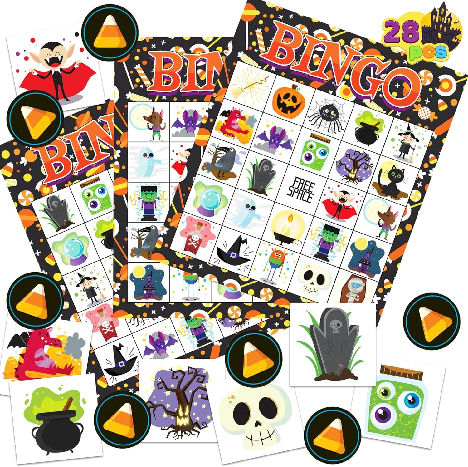 JOYIN 28 Player Halloween Themed Bingo Game Card for School/Family Activities Halloween Party Favor Halloween Crafts for Classroom School Supplies Board Games