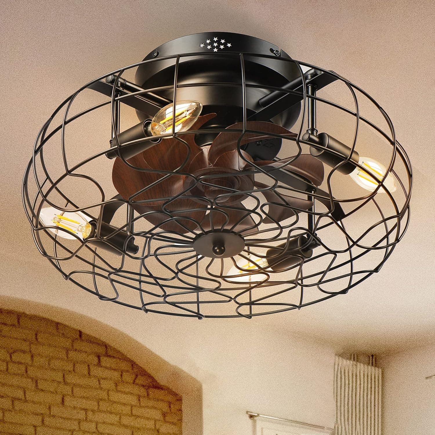 Guoduney Caged Ceiling Fan with Light Remote Control Low Profile Flush Mount Fandelier Black Small Bladeless Ceilling Fan for Living Room Bedroom Kitchen