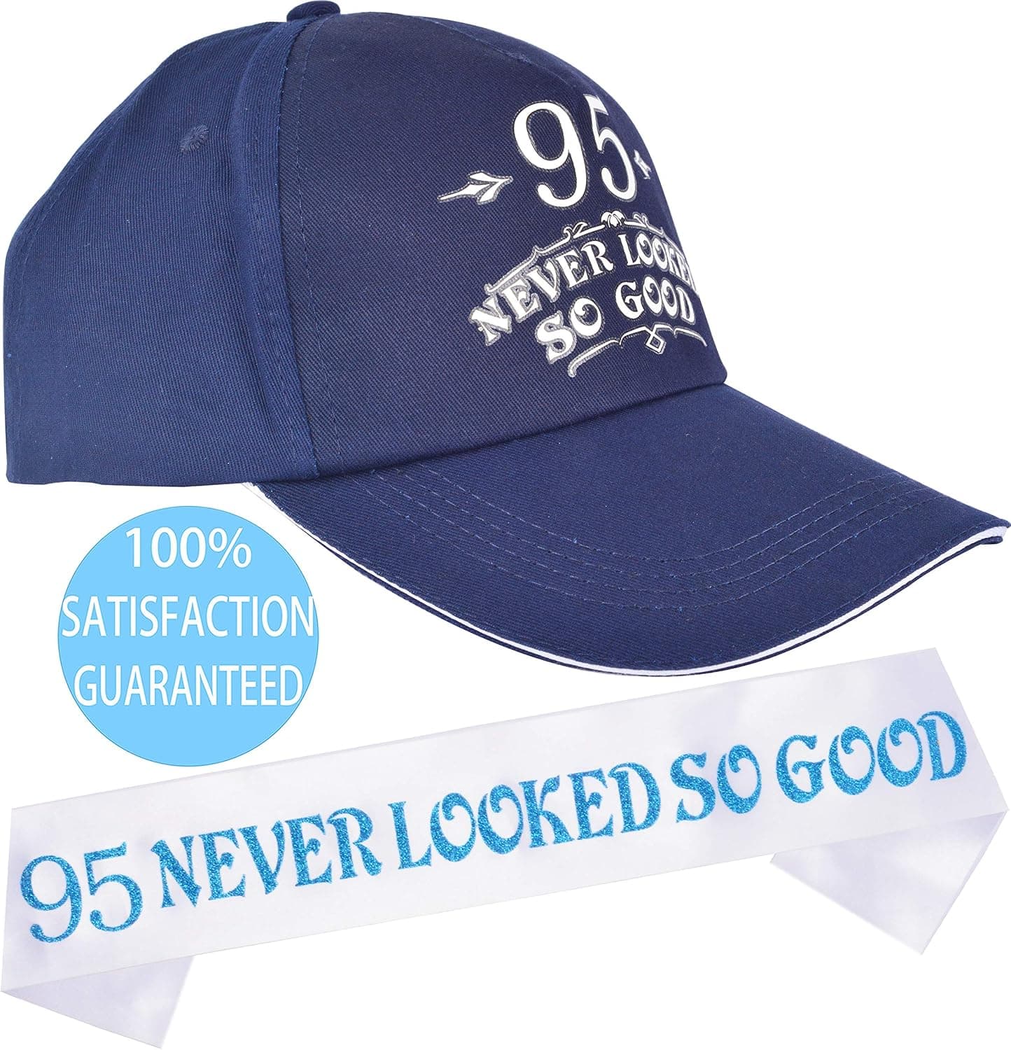 95th Birthday Gifts for Men, 95th Birthday Hat and Sash Men, 95 Never Looked So Good Baseball Cap and Sash, 95th Birthday Party Supplies, 95th Birthday Party Decorations, 95th Birthday Accessories
