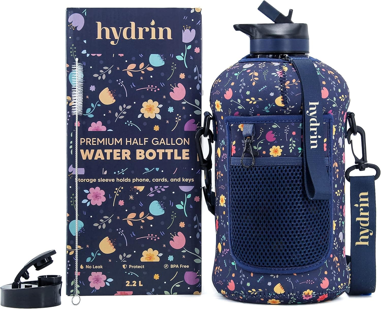 Hydrin Half a Gallon 2.2L Water Bottle with Storage Sleeve - Foldable Straw Lid and Flip Lid - Reusable Sports Bottle - Workout Water jug with Handle and Strap - BPA Free - (74 Ounce) - Floral