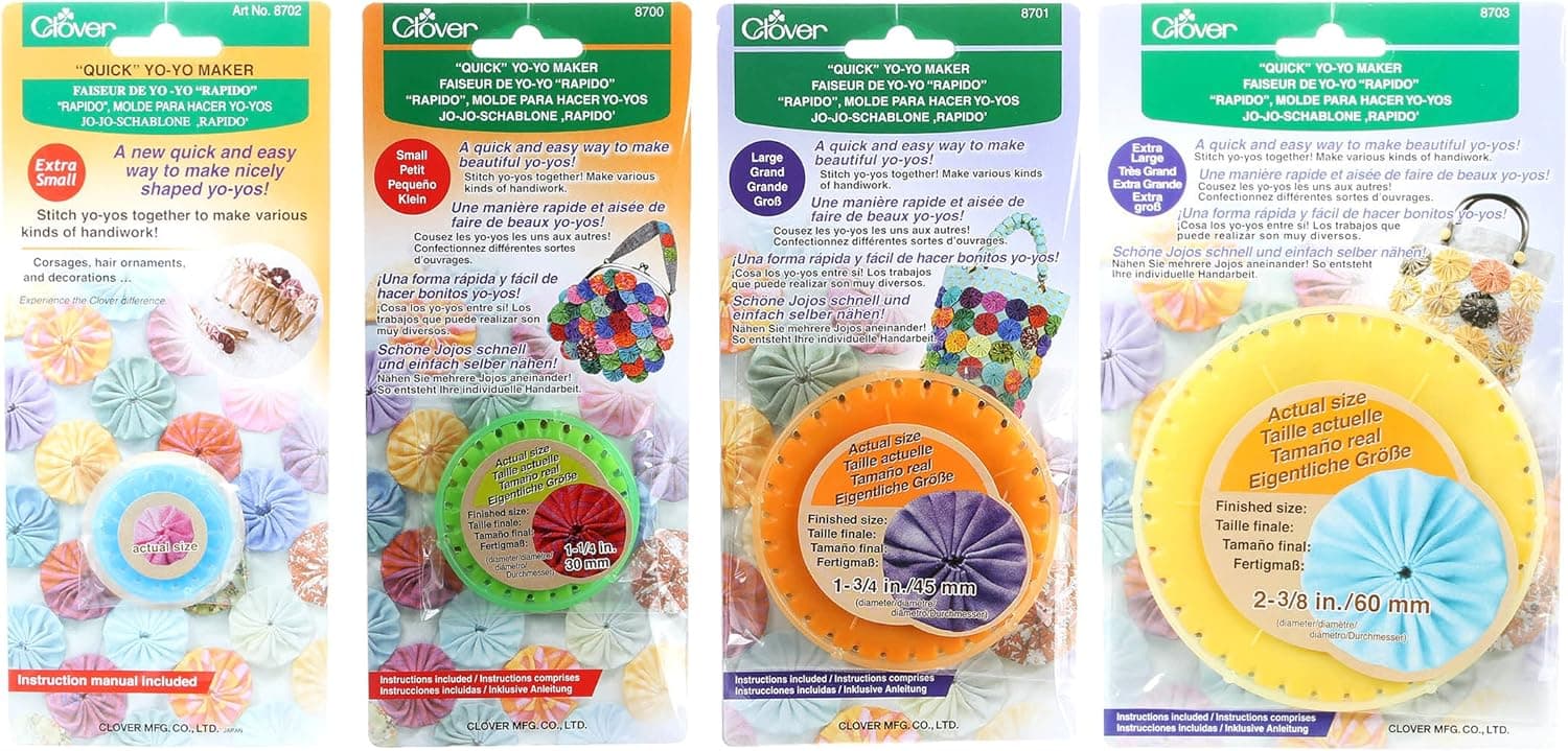 Bundle of Four (4) Quick Yo-Yo Makers: Extra Small (makes 3/4" yo-yos), Small (makes 1.25" yo-yos), Large (makes 1.75" yo-yos), and Extra Large (makes 2-3/8" yo-yos)
