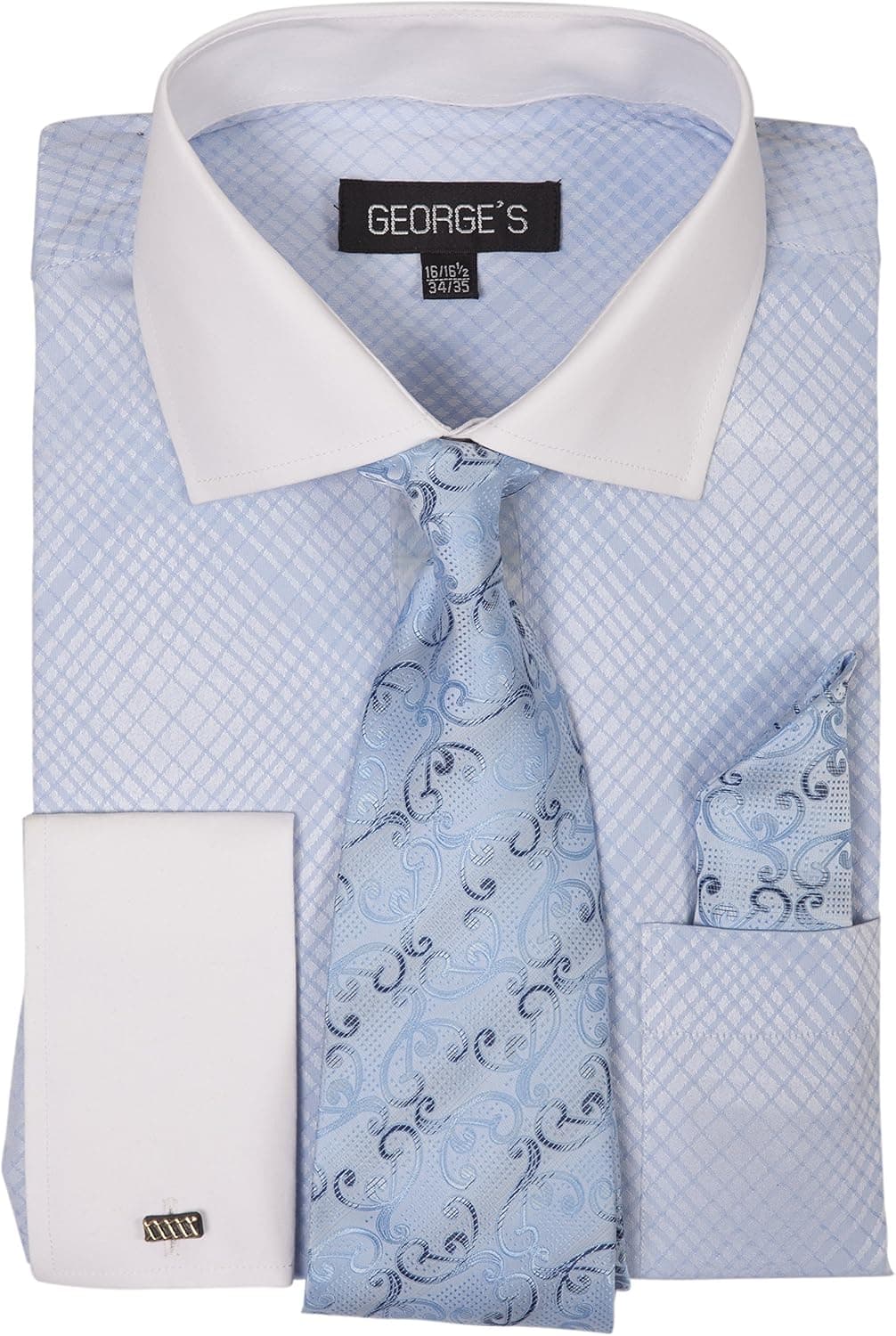 FORTINO LANDI Small Check Pattern Dress Shirt w/Tie Set & French Cuff AH6244