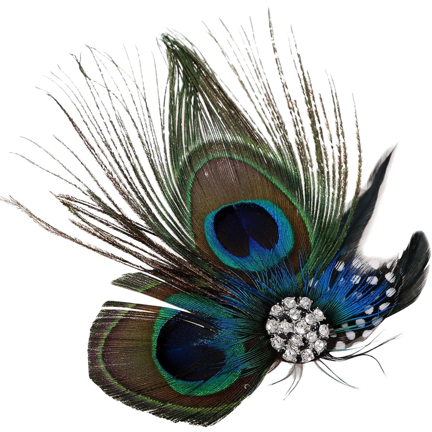 Simplicity Peacock Feather Hair Clip Fascinator with Rhinestones, Nature