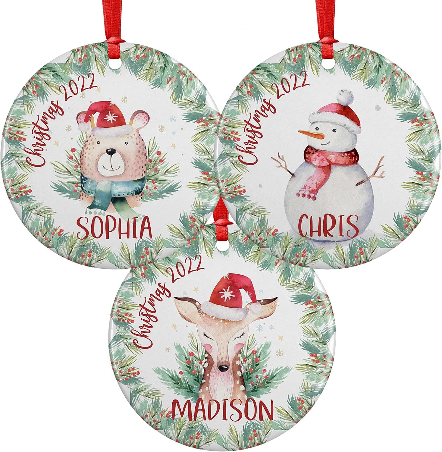 Set of 3, Personalized Kids Christmas Ornament w/Name & Date, 6 Design, Custom 3" Ceramic, Round 2022 Xmas Ornament, Santa, Unicorn, Snowman, Reindeer, Penguin Designs, Christmas