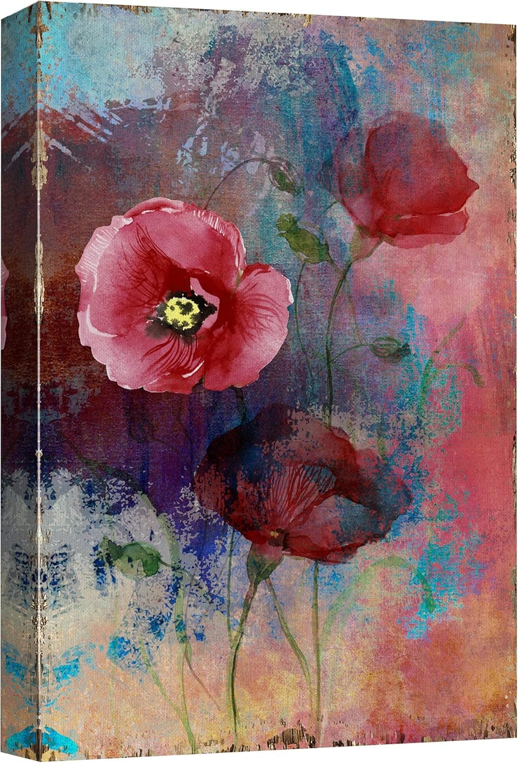 wall26 Canvas Print Wall Art Watercolor Explosion Red Poppy Trio on Wood Panels Nature Wilderness Digital Art Realism Chic Colorful Multicolor Ultra for Living Room, Bedroom, Office - 12"x18"