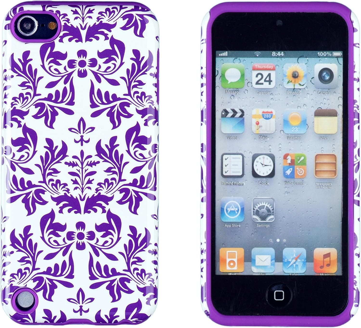 DandyCase 2in1 Hybrid High Impact Hard Purple & White Floral Pattern + Silicone Case Cover for Apple iPod Touch 5 5G (5th Generation) + DandyCase Screen Cleaner