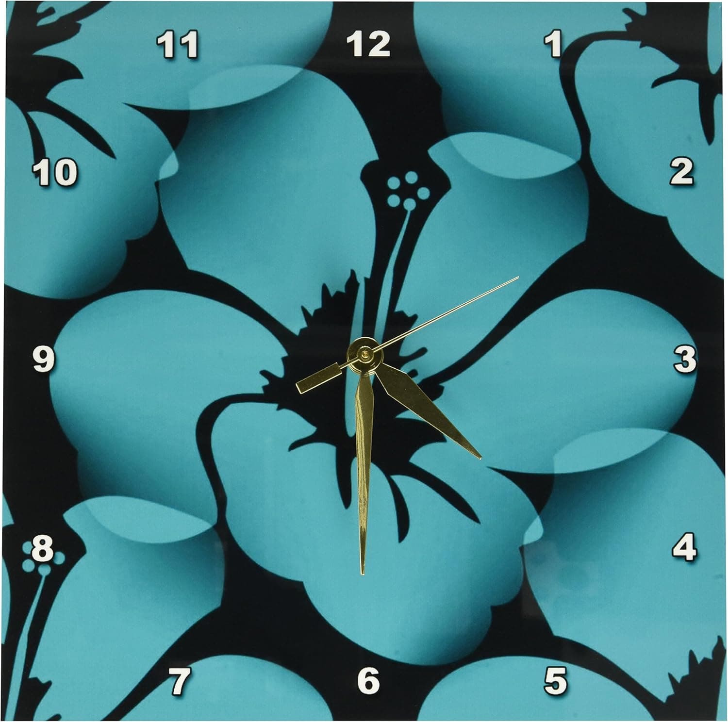 3dRose DPP_59872_1 Teal Blue Tropical Hibiscus Flowers Floral Art Hawaiian Wall Clock, 10 by 10-Inch