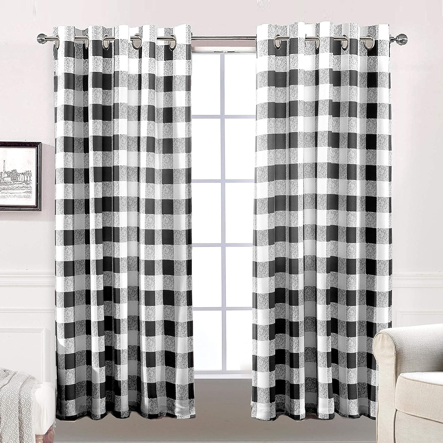 DriftAway Buffalo Checker Pattern Lined Thermal Insulated Blackout and Room Darkening Grommet Window Curtains Printed Plaid 2 Layer Set of 2 Panels 52 Inch by 63 Inch Black