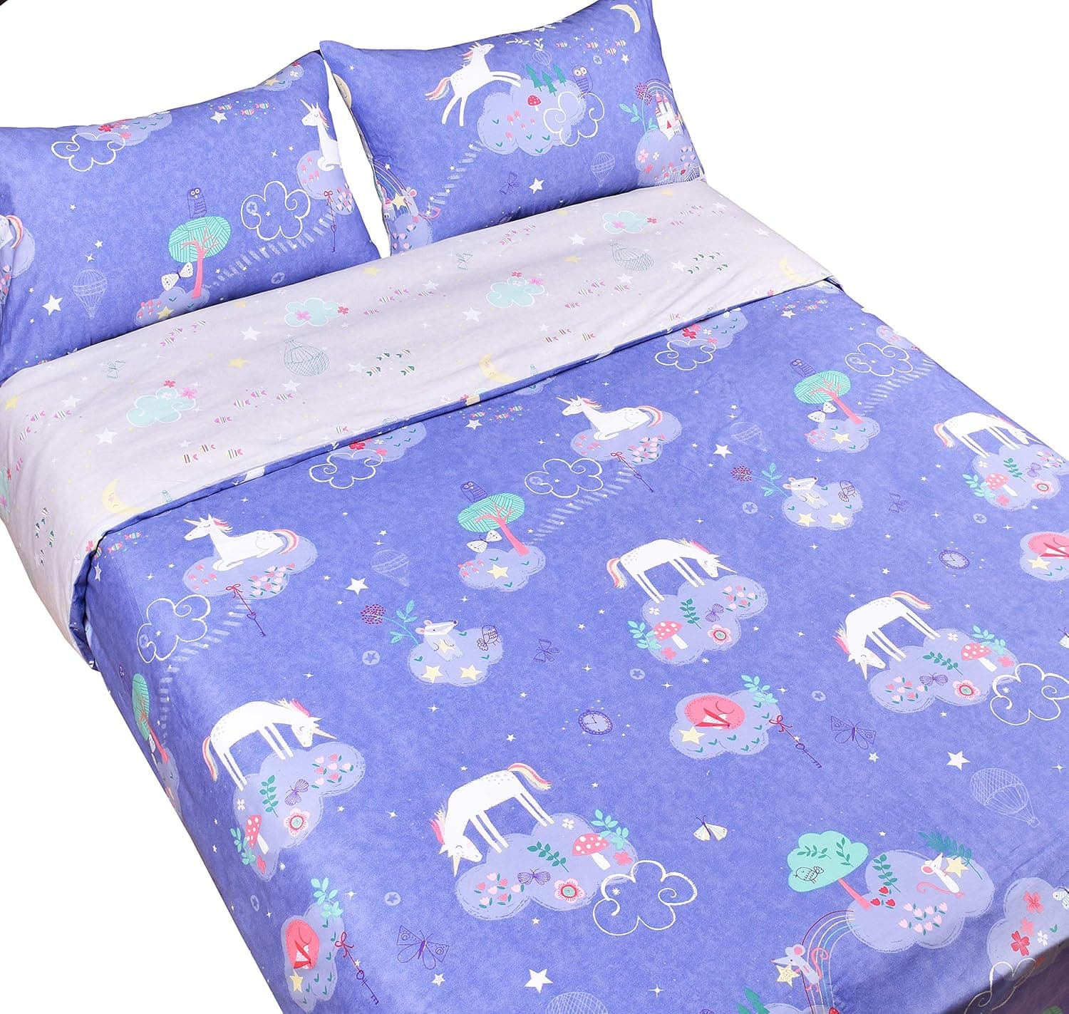 J-pinno Unicorn Dreaming Sweet Cartoon Reversible Duvet Cover Set with Zipper Closure, 100% Cotton Kids Girls Bedding Set Twin 2 Pieces (1 Duvet Cover + 1 Pillowcase) (Unicorn, Twin 68" X 90")