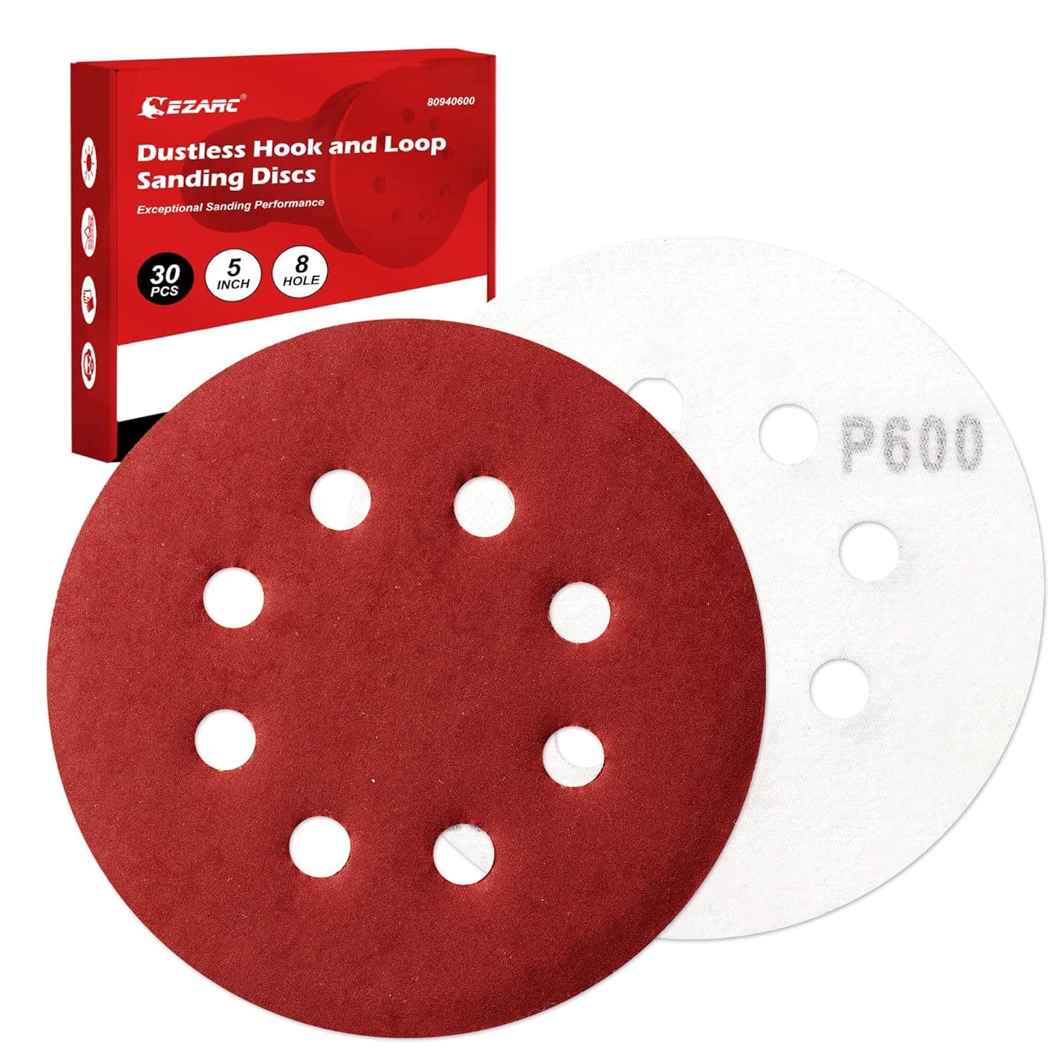 EZARC 5 Inch 8-Hole Hook and Loop Sanding Discs 600 Grit, Random Orbital Sandpaper for Automotive Car Paint and Woodworking, 30-Piece