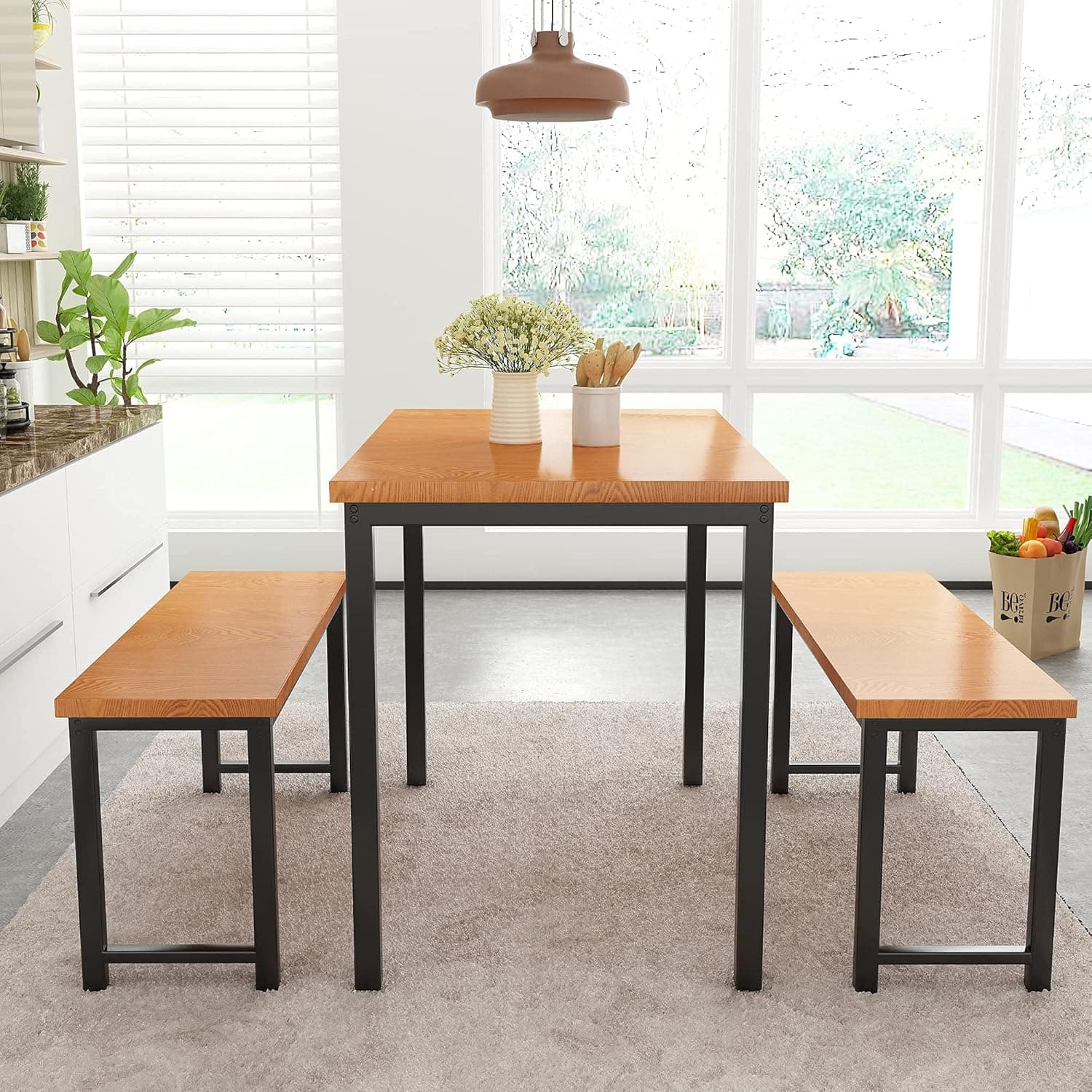 AWQM Dining Room Table Set, Kitchen Table Set with 2 Benches, Ideal for Home, Kitchen and Dining Room, Breakfast Table of 47.2x28.7x29.5 inches, Benches of 41.3x11.8x17.7 inches, Brown