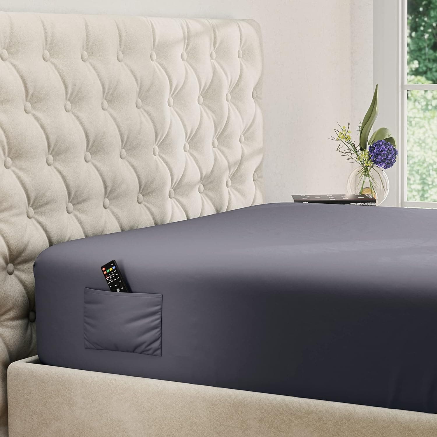 DREAMCARE Twin XL Fitted Sheet - Extra Deep Pocket Fitted Sheet - Fits up to 21 inch Mattress - Deep Pocket Twin XL Sheets - Hotel Luxury - Shrinkage & Fade Resistant - 1 Fitted Sheet Only(Dark Grey)