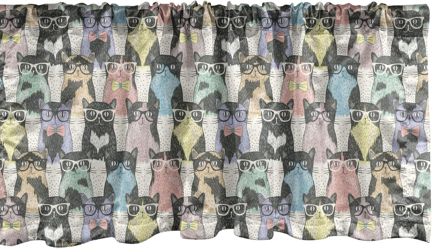 Ambesonne Cat Window Valance, Retro Style Pattern with Cats Hipster Sunglasses Bow Ties Hand Drawn Style Vintage, Curtain Valance for Kitchen Bedroom Decor with Rod Pocket, 54" X 12", Dark Grey