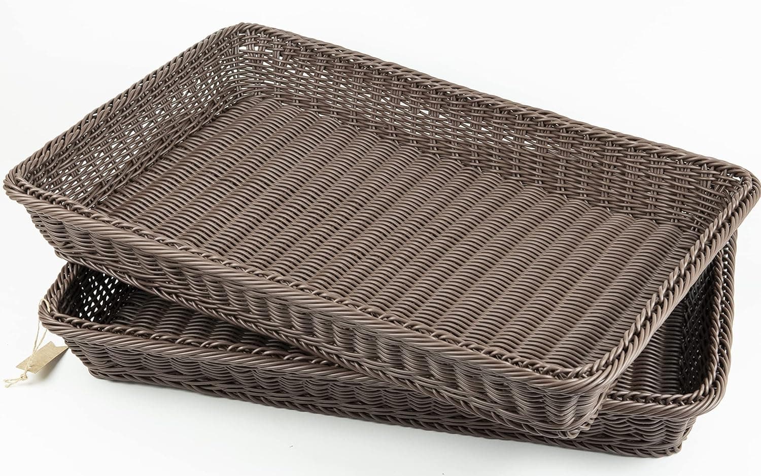 2 Packs SOLAPOLLO Poly Wicker Bread Basket,Large Rectangle Bread Basket,Rectangular Wicker Display Baskets for Kitchen Storage,Food Display Baskets for Tabletop (Large 60x40x8 Brown)