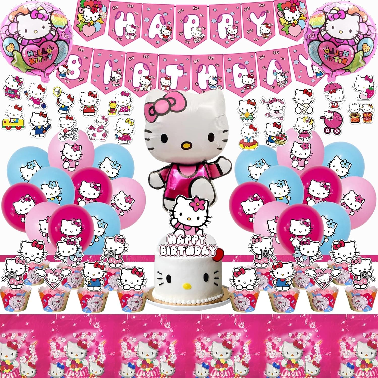 Kitty Birthday Decorations, Cartoon Party Supplies Include Tablecloth, Banner, Cake Topper, Honeycomb, Stickers, Balloons, Cupcake Toppers, Foil Balloon, Kitty Party Decorations for Girls Party Favors