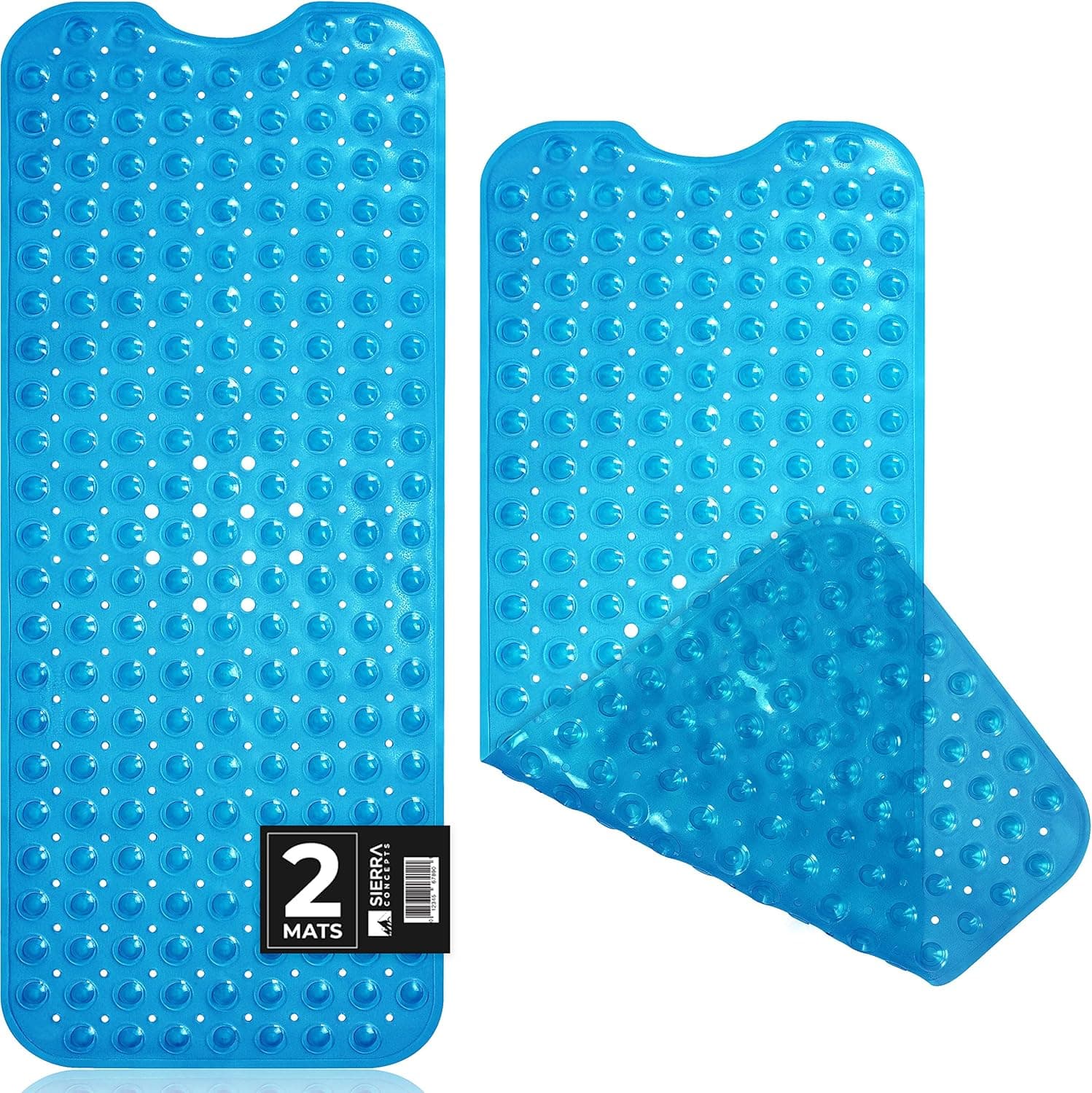 Sierra Concepts 2-Pack Bath, Shower, Tub Mat Blue (39x16) Non Slip, Machine Washable, Bathtub Mats - Drain Holes, Suction Cups, XL Rectangle Size