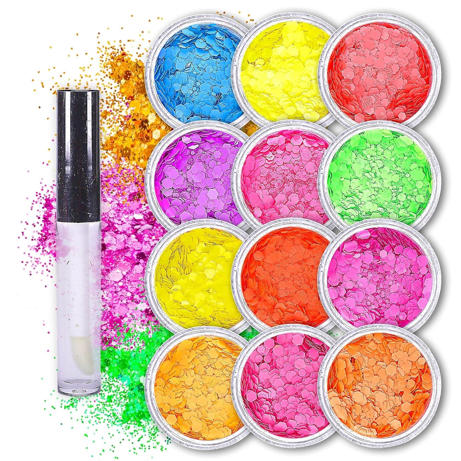 Neon Holographic Body Glitter I 12 Colors + 1 Glitter Glue for Face, Hair, Nail, Eye & Glitter Eyeshadow - Perfect for Halloween Makeup, Raves, Festivals, Resin, Tumblers, Cosmetic & Nail Art