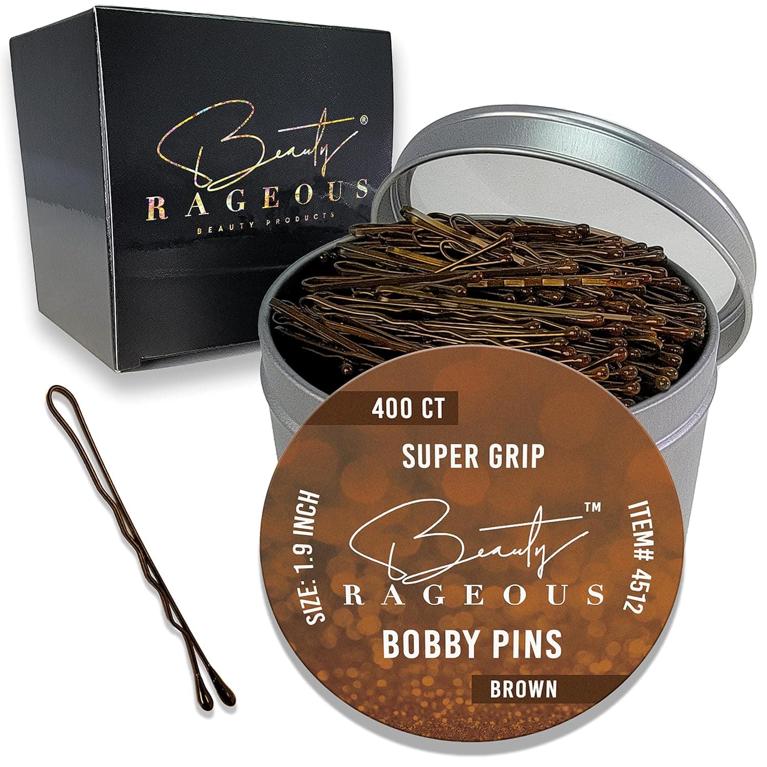 Super Grip Brown Bobby Pins - 400 Ct Approx - Handy Reusable Tin