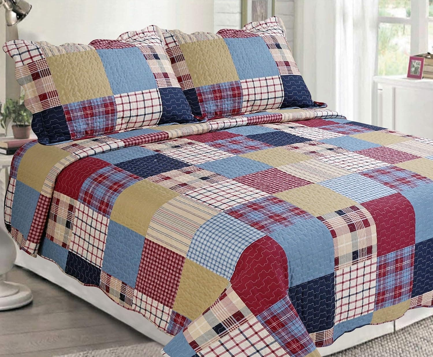 Sapphire Home 3 Piece King Size Bedspread Coverlet Quilt Bedding Set w/2 Pillow Shams, Patchwork Plaid Multicolor Burgundy Red Blue, Patchwork Multicolor King XJ1033