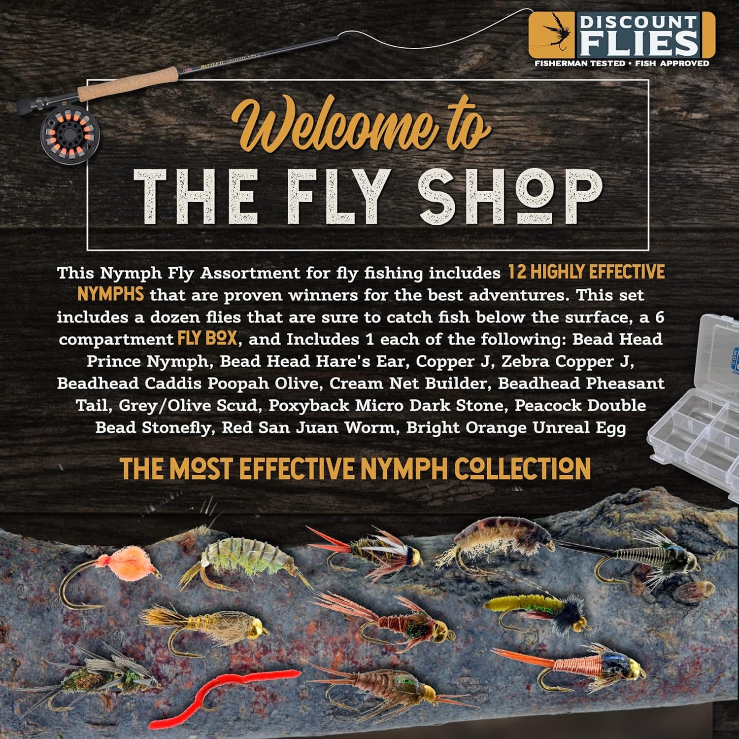 DiscountFlies Nymph Fly Fishing Flies – Fishing Kit w/Trout Flies + Fly Box – Realistic and Effective Trout Fishing Gear – Nymph Flies for Fly Fishing on Strong, Sharp Hooks.