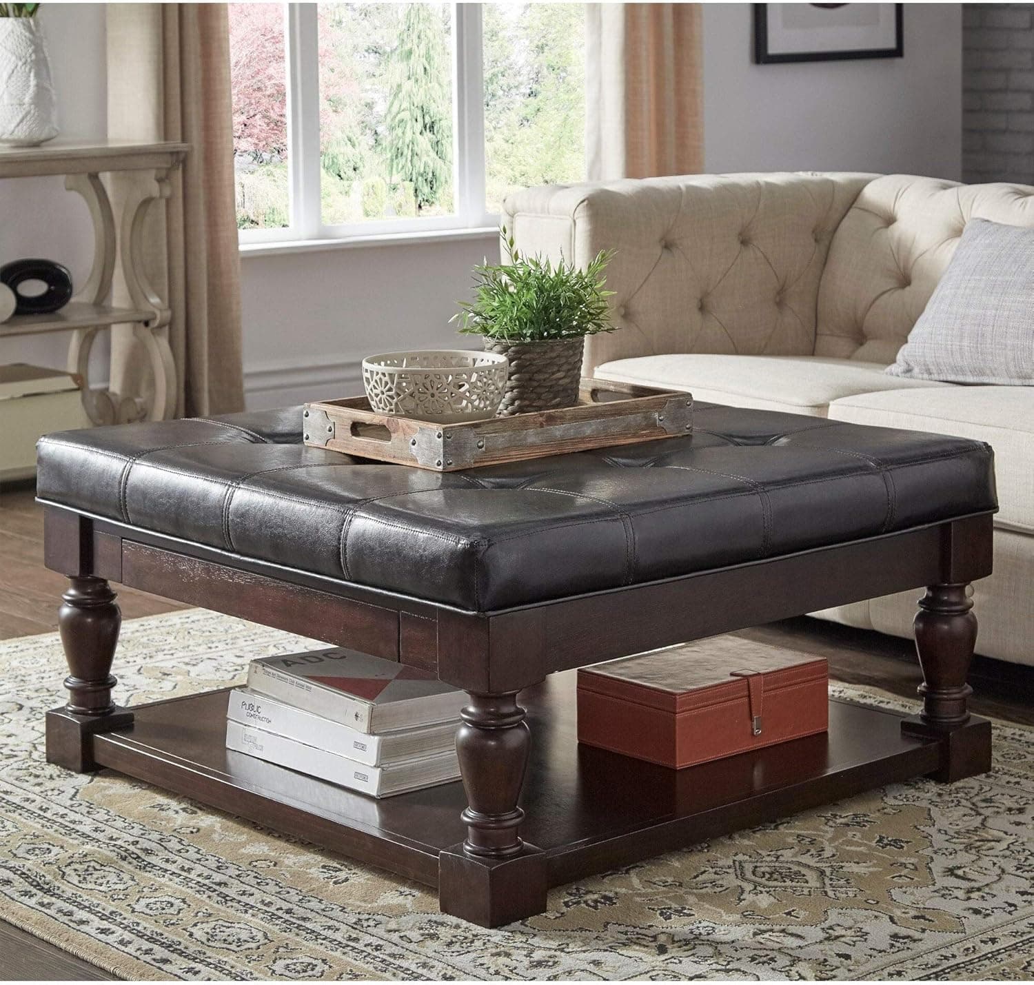 Inspire Q Lennon Baluster Espresso Storage Ottoman Coffee Table by Classic Dark Brown PU/Dimpled Tufts Espresso Finish Rubberwood, Fabric
