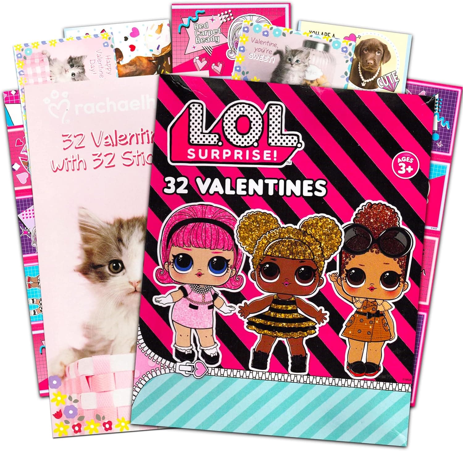 Lpteso Surprise! LOL Dolls Valentines Cards for Classroom LOL Dolls Valentines Day Cards Bundle - 64pc LOL Valentine Cards with Cute Puppies Kittens Valentines Cards (Boxed School Classroom Pack)