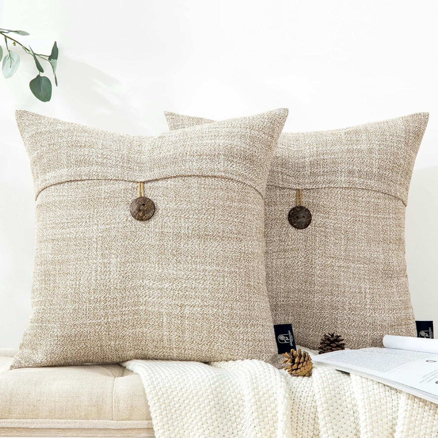 Phantoscope Pack of 2 Farmhouse Throw Pillow Covers Premium Coconut Button Vintage Linen Decorative Pillow Cases for Couch Bed and Chair Beige 22 x 22 inches 55 x 55 cm