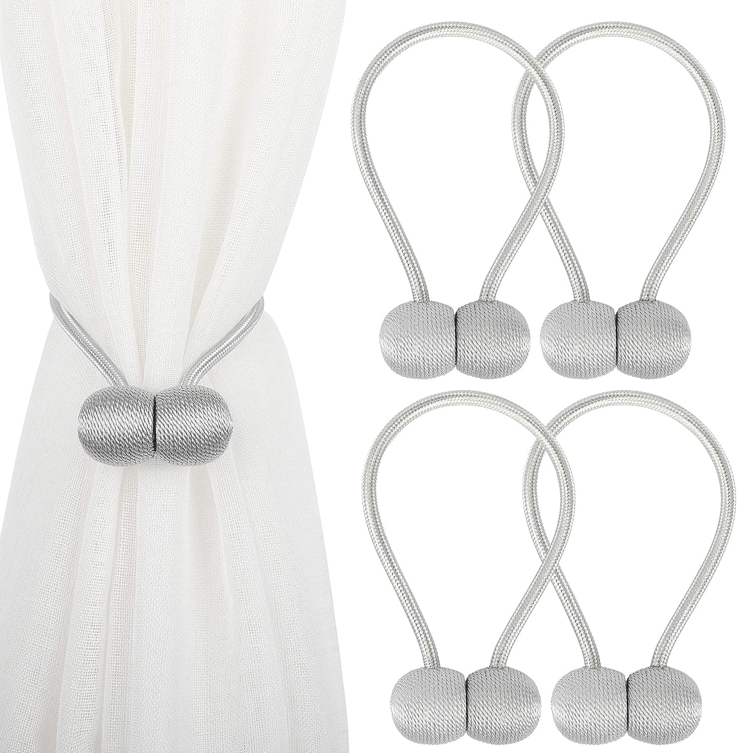 4 Pack Magnetic Curtain Tie Backs,Decorative Drape Tie Backs,The Most Convenient Curtain Rope Hold Back Holder,Simple Modern Woven Texture Rope for Small or Thin Window Drapries,12 Inch(Silver Grey)