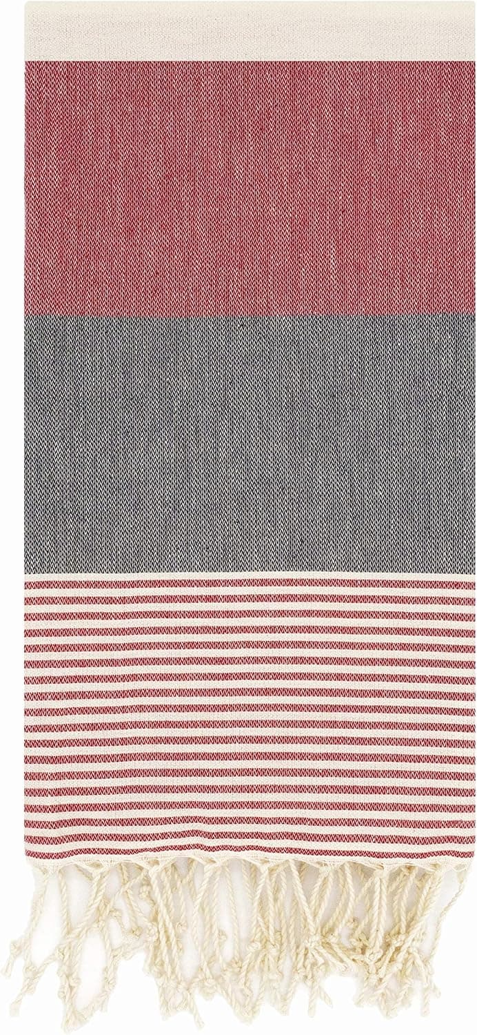Clarity & Muse Turkish Beach Towel - 100% Cotton Peshtemal Turkish Bath Towel (Dark Gray - Red, 39" x 70")