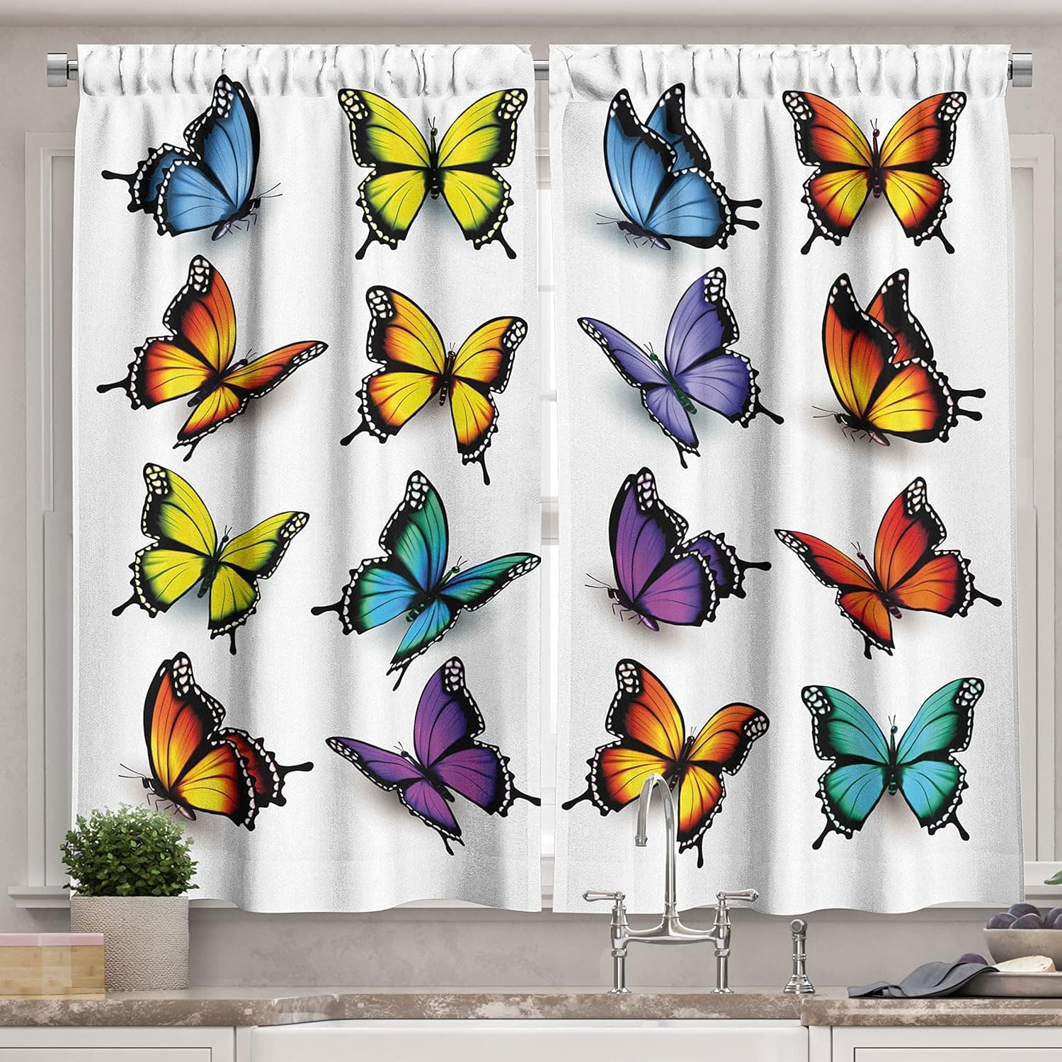 Ambesonne Butterfly Kitchen Curtains, Colorful Moth Wings Animal Spring Inspirational Design, Window Drapes 2 Panel Set for Kitchen Cafe Decor, 55" X 39", Blue Orange