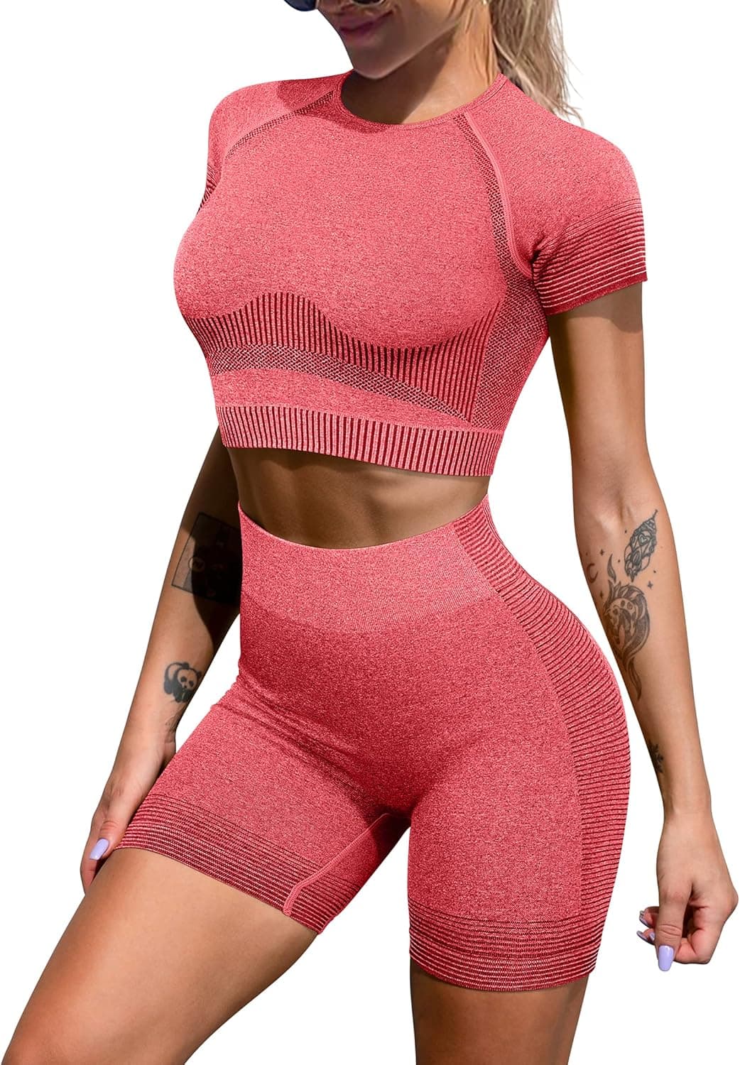 LNSK Women's Workout Sets Yoga Outfit 2 Piece Seamless Sports Top Gym Hight Waist Shorts Sportwear Suits