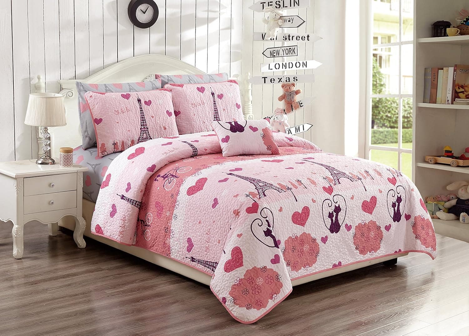MK Home 4pc Full/Queen Bedspread Set for Girls Paris Bedding Eiffel Tower Pink Grey New