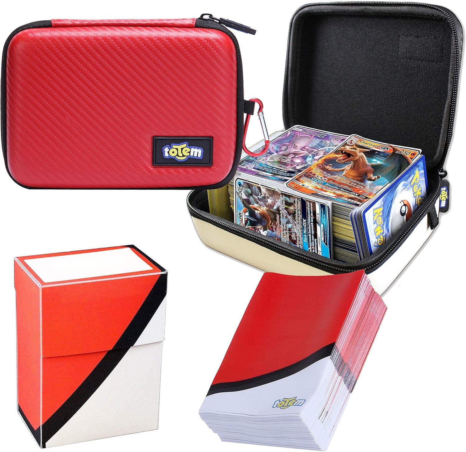 Totem World Poke Ball Themed Card Case for Pokemon Cards with Deck Protector Box and 100 Card Sleeves - Kid Safe Zipper Carrying Organizer - 500 Card Holder