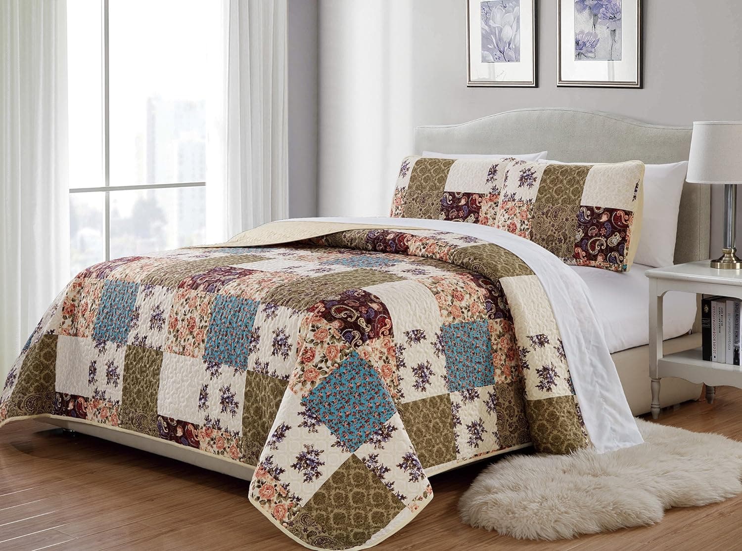 MK Home 3pc Full/Queen Bedspread Quilted Print Floral Beige Burgundy Purple Blue Taupe Over Size New # Milano 62