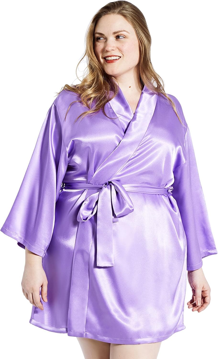Jovannie Satin Robe Plus Size 3/4 Sleeve With Matching Sash Short Length (Lavendar, 4X)