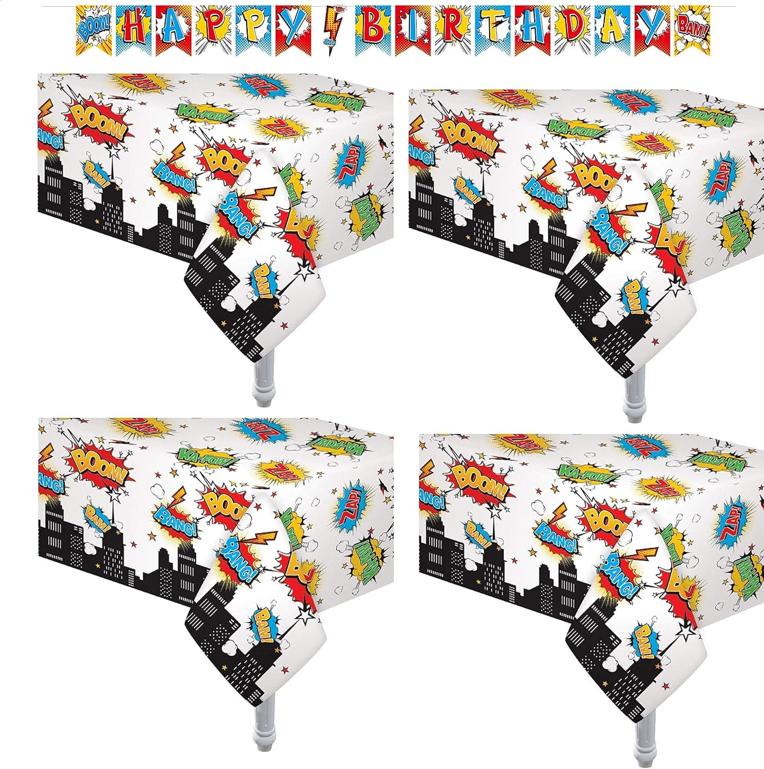 Oojami 4 Pack Superhero Plastic Table Cover 54" x 108" Includes 1 Pre Strung Happy Birthday Super Hero Banner Multi