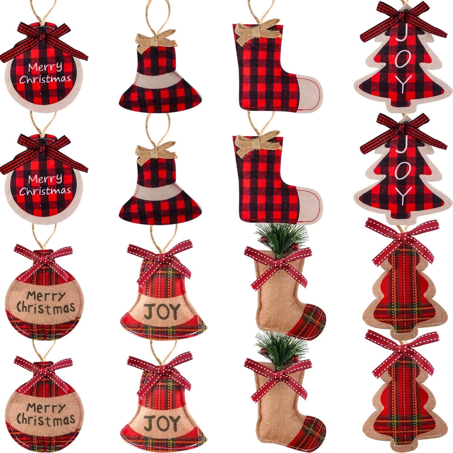 Haconba 16 Pack Burlap Christmas Tree Ornaments Red and Black Buffalo Plaid Rustic Christmas Hanging Decorations for Xmas Holiday Party Home Decor