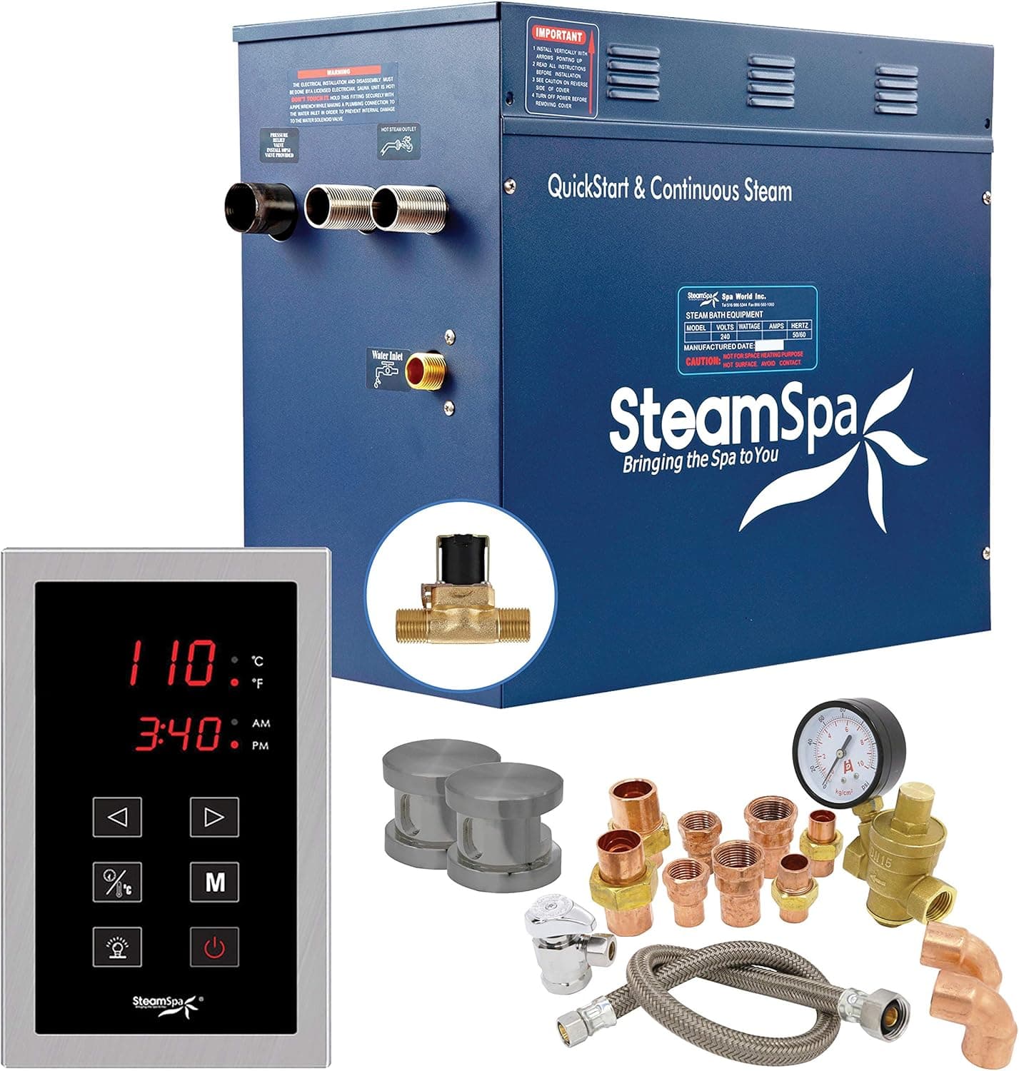 Steam Shower Generator Kit System | Brushed Nickel Steam Shower Head + Self Drain Combo | Enclosure Steamer Sauna Spa Stall Package | Touch Screen Control Panel | 12 KW Premium 240V | PRT1200BN-A