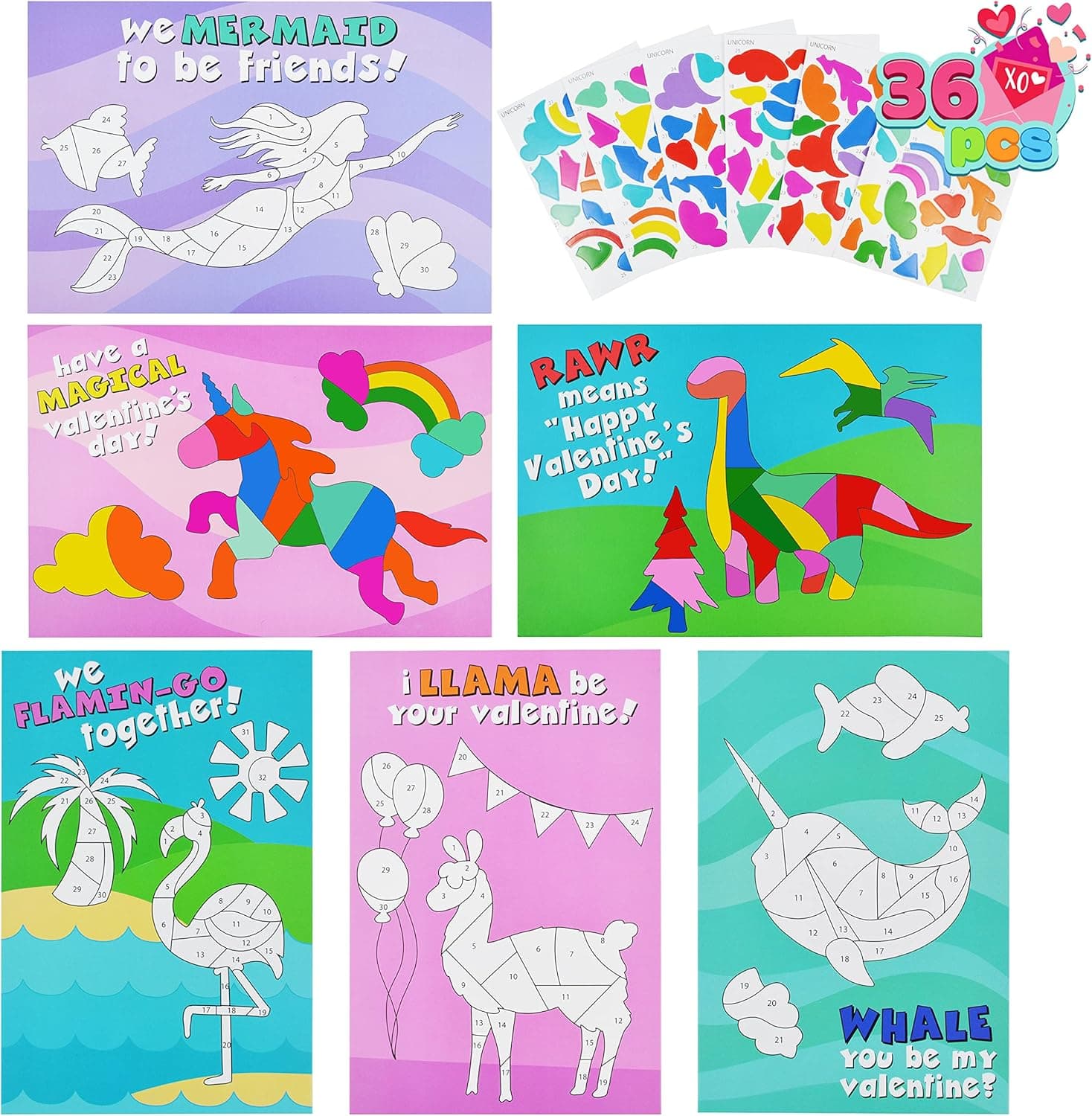 JOYIN Valentine's Day 36 Pcs Character Sticker Set in 6 Designs Valentine’s Greeting Cards with Colorful Valentine Themed Design for Kids Valentine Day Party Favor, Classroom Exchange Prizes