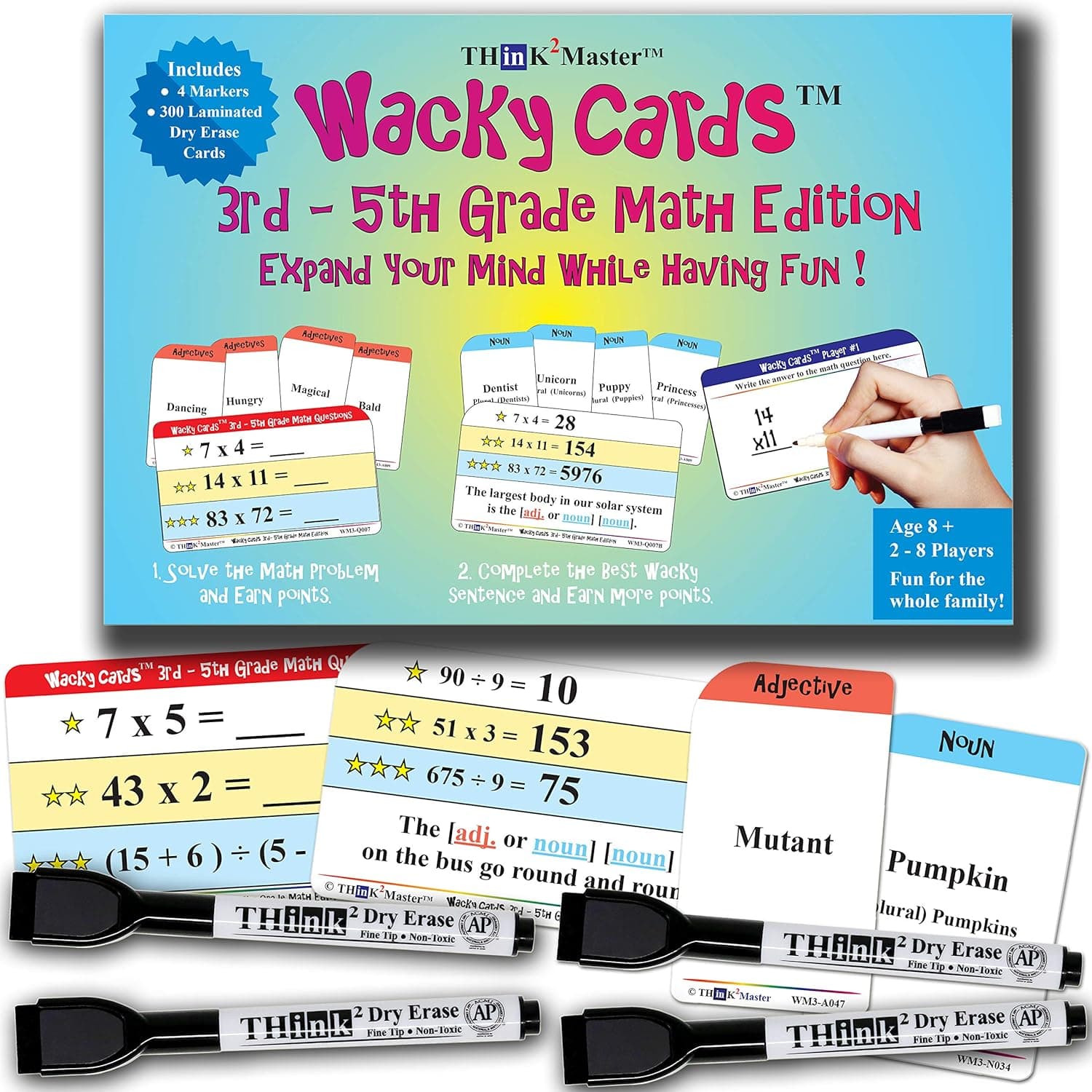 THINK2MASTER Wacky Cards 3rd - 5th Grade. Math Card Game for Families & Classroom. Make Hilarious Sentences While Practicing Math Including Multiplication, Division & Algebra.