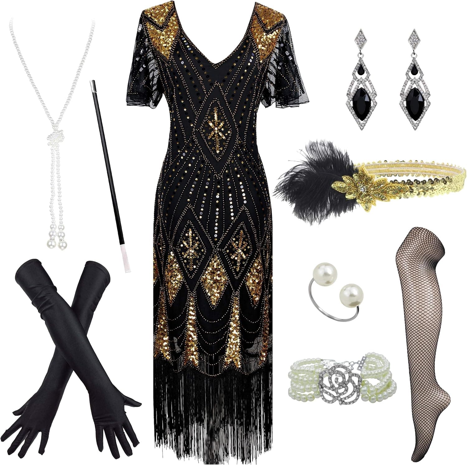 Women 1920s Great Gatsby Sequin Fringe Flapper Dress Costume Accessories Set with Sleeve
